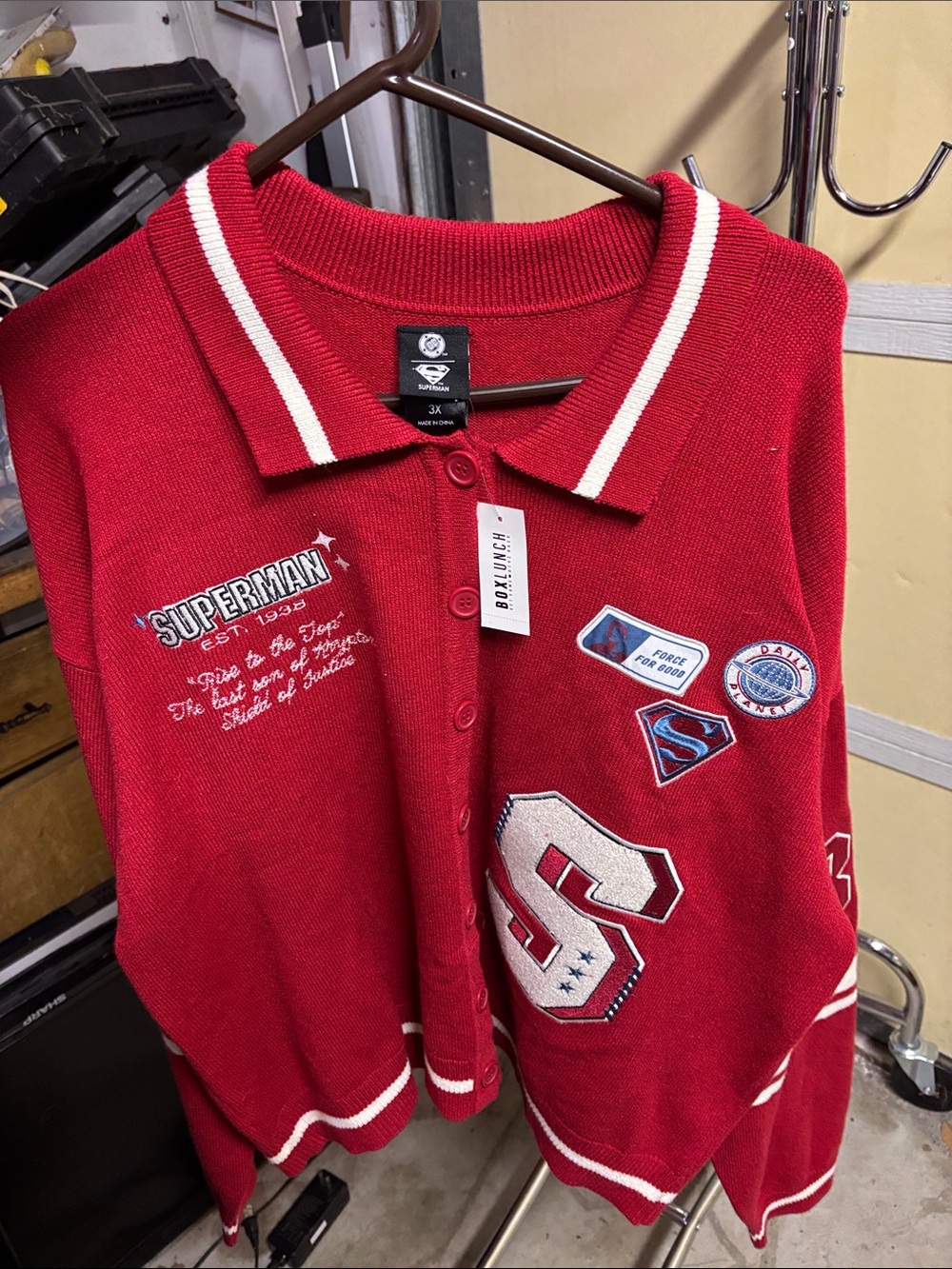DC Comics Red Women’s Polo Cardigan with Superman Patches